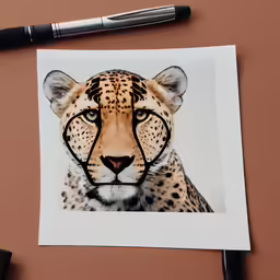 a portrait of a cheetah is framed on a paper with black marker