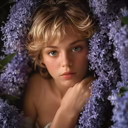 a woman laying in the middle of purple flowers