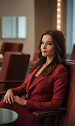 a woman in a red suit sits at a table
