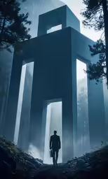 a man walks between two structures in the woods