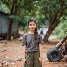 a little girl that is standing up next to some trees