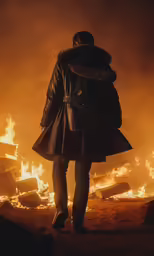 a person in winter clothing is walking away from a wall of fire