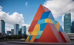a colorful cube sculpture stands in front of a city skyline