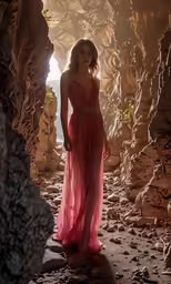 a beautiful young woman standing in a cave