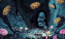 the girl is smoking in a surreal forest of flowers