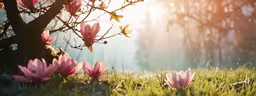 pink flowers growing on a grassy field next to a tree