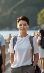 the young woman is posing on the sidewalk for the camera