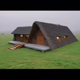 an airplane is parked next to a large house