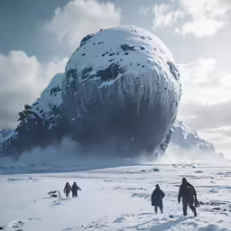 some people walking through the snow near a large object