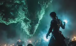a person in costume with lights on their hands and a demonic dragon on the back