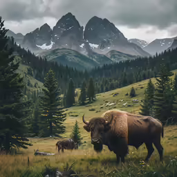 a brown buffalo standing in a field with mountains behind it