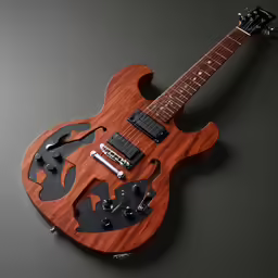 the guitar is made out of wood and features a flower