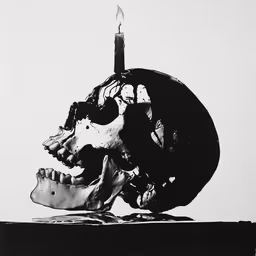 a skull is on top of a black candle,black and white photograph of a candle that has been placed in a human skull
