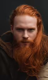 red headed man with full beard and scarring