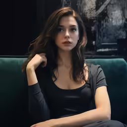 a woman sitting on a green couch staring