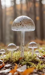 a group of white mushrooms on the forest floor