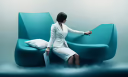 a woman sitting on a couch with the back of it as a cushion