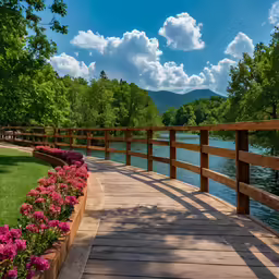 a pathway over a small lake to a park