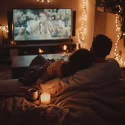 a young man and woman are lying on a bed watching tv