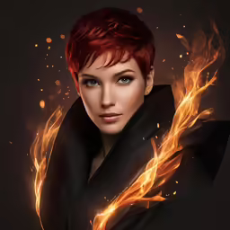 a woman wearing a black shirt with red hair