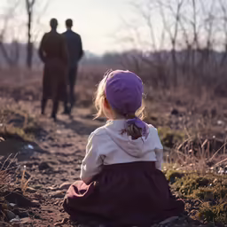little girl in purple dress sitting on dirt road next to a man