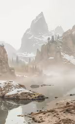 a rocky mountain range covered in snow with a river in the foreground