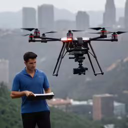 a man is holding something and looking at the remote controlled flying