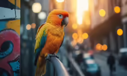 a yellow and orange parrot perched on top of a metal pole