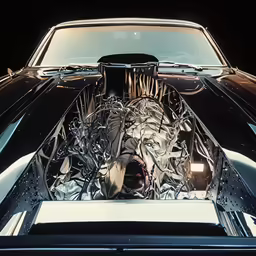 a car with its hood opened and looking like a machine in it