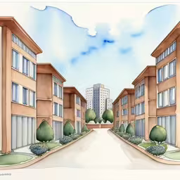 a drawing of two buildings with trees and bushes in the foreground,an illustration of a street going through a town with a row of buildings,a painting of a road in front of a few apartment buildings,a cartoon drawing of some buildings next to a road,a drawing of two buildings and trees on the road