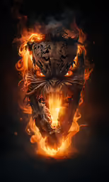 the mask is on fire, with smoke billowing out from it