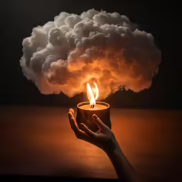 a person holding up a lit candle surrounded by clouds