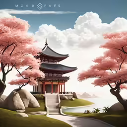 a asian - style pagoda and a stone path with trees on either side of the temple