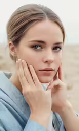 a woman with hand to her face is posing