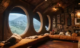 a room with round windows is full of things