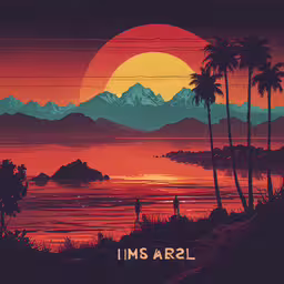 an orange sunset with mountains over the water and palm trees,a beautiful sunset over a body of water with palm trees