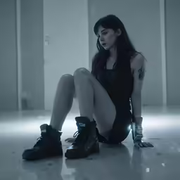 a woman is sitting on the ground wearing boots