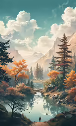 a painting of trees and a person walking across a river