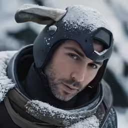 a man wearing a helmet is covered with snow