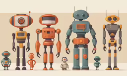a series of cartoon robots stand side by side in the shape of people