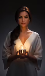 a woman holding a glowing lamp, wearing white clothes