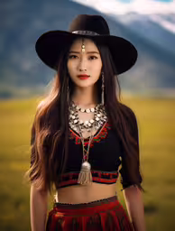 a girl wearing a black and red outfit with a big hat,a woman wearing a wide brim hat poses for a photo