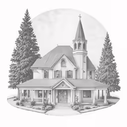 an artistic drawing of a church with pine trees and a full moon in the background