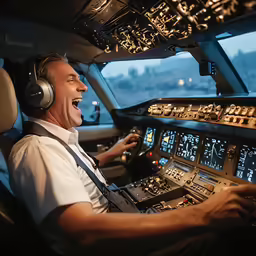 an airplane pilot smiles while he operates his flight simulator