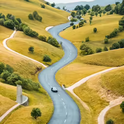 an aerial view of a car going down a winding road