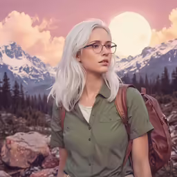 a beautiful blonde woman with glasses standing in a field