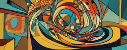 an abstract painting with a big swirl on the side,a painting that has been painted with colorful colors