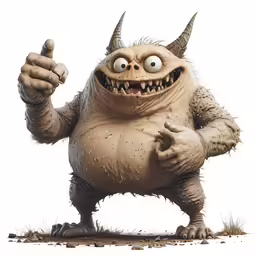 the evil looking monster has very large horns and claws