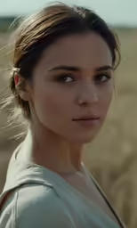 an elegant woman standing in a field of dried grass