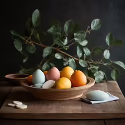 some eggs and a bowl of oranges on a table